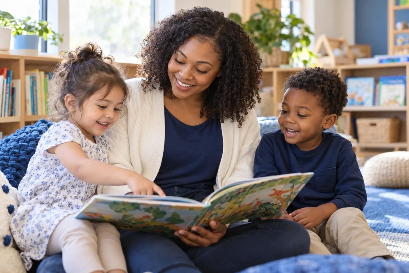 Illustrative care professional reading with children